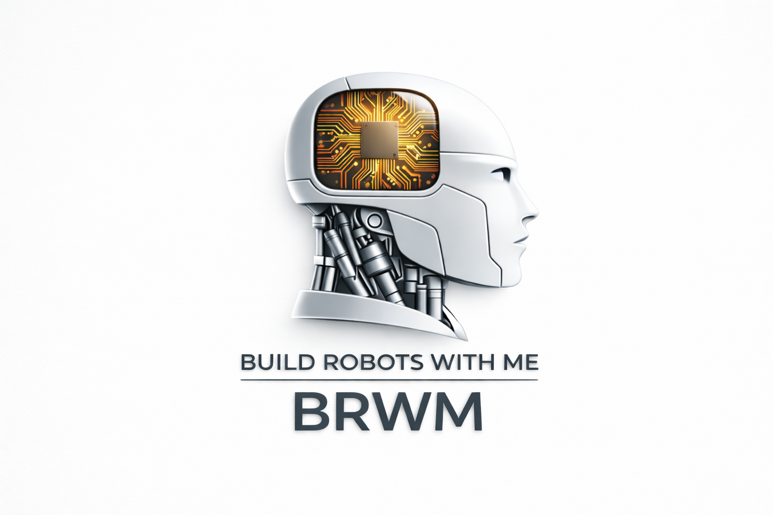 Build Robots With Me | BRWM white logo with copper chip and charcoal gray text